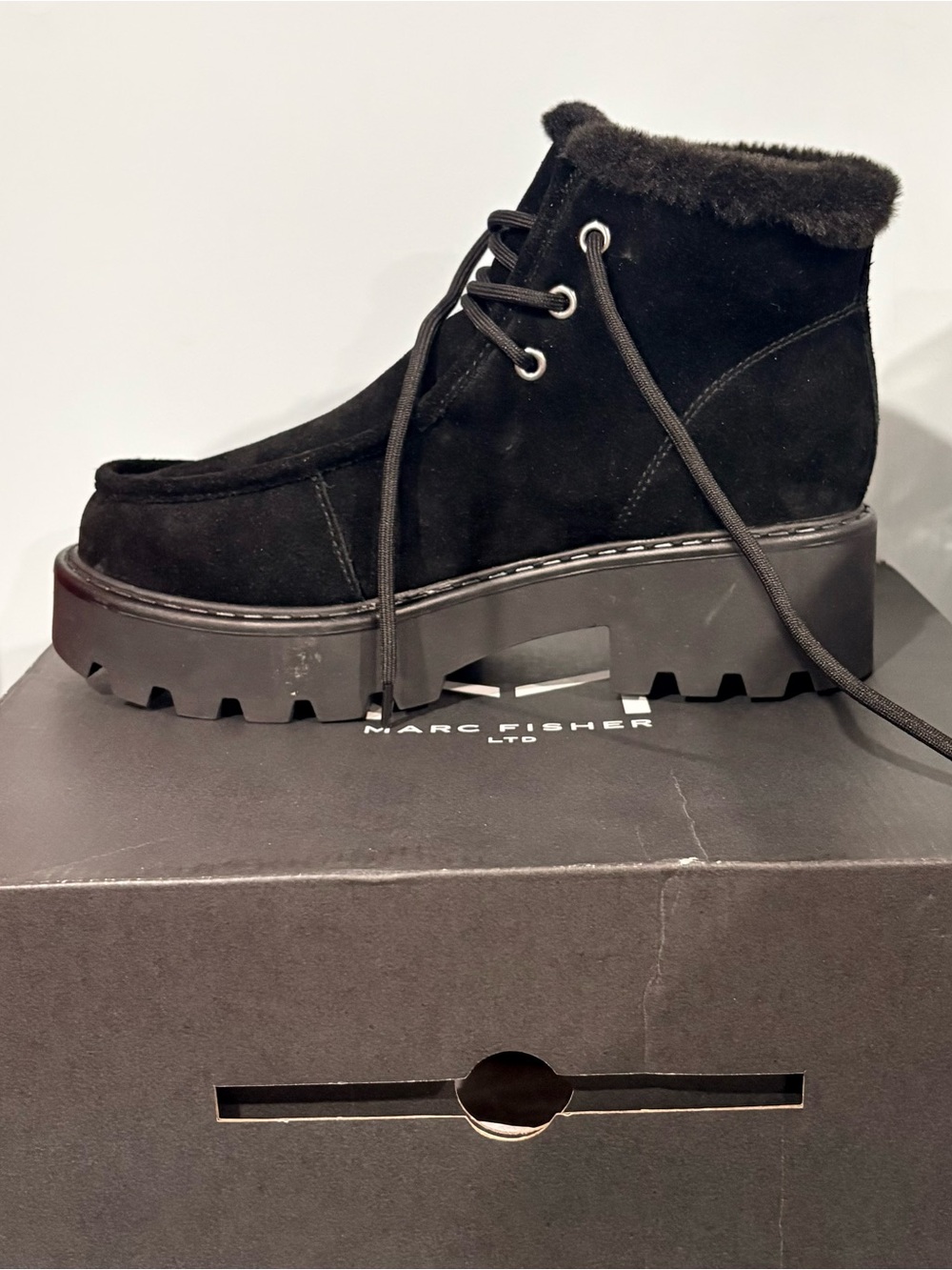 Marc Fisher Percy Lug Sole Bootie
Faux Fur Lined Black Suede Ankle Boots | 8.5